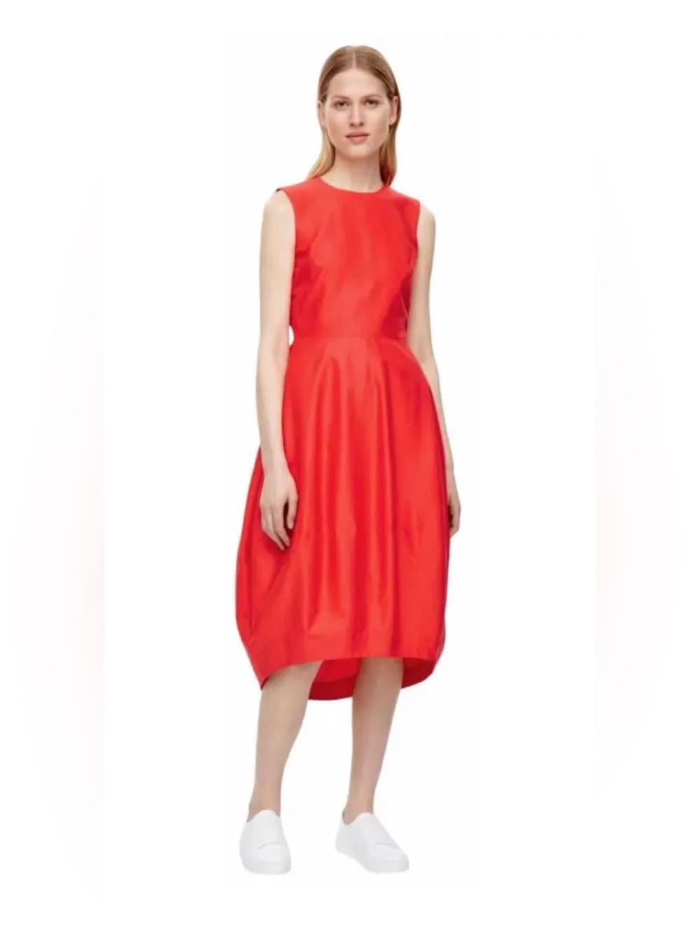 NWOT COS Red Cocoon Bubble Hem Silk Cotton Sleeveless Midi Dress